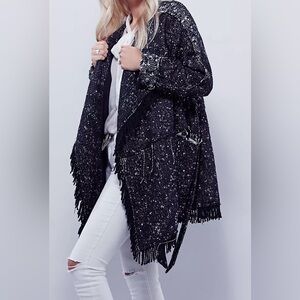 Free People Wool Blend Black White Tweed Fringe Belted Blanket Coat Wrap. NWT